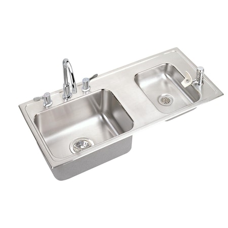 Elkay Lustertone Stainless Steel 37-1/4X17X6 Double Bowl Top Mount Classroom Ada Sink + Faucet/Bubbler Kit DRKADQ371760RC